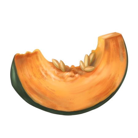 A piece of orange ripe pumpkin, autumn harvest. Fresh farm vegetables, healthy food, vegetarianism. Garden plants and agriculture. Isolated digital handmade illustration. A graphic design element.の写真素材