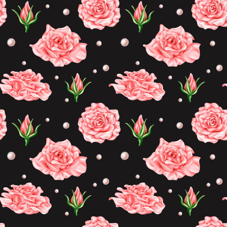 Seamless pattern of vintage pastel pink rose buds and green leaves. Romantic and beautiful digital illustration, repeating pattern. For decoration, design of invitations, date saving, greeting card.の写真素材