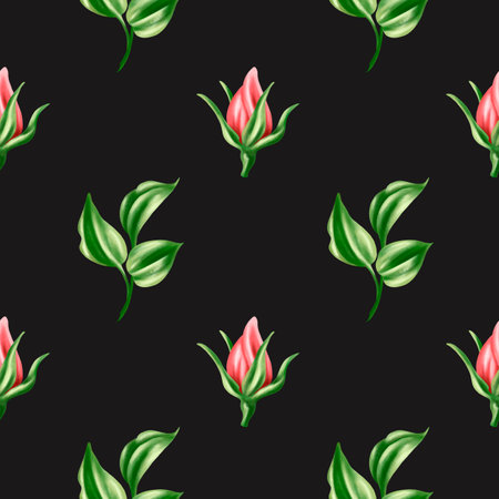 Seamless pattern of vintage pastel pink rose buds and green leaves. Romantic and beautiful digital illustration, repeating pattern. For decoration, design of invitations, date saving, greeting card.の写真素材