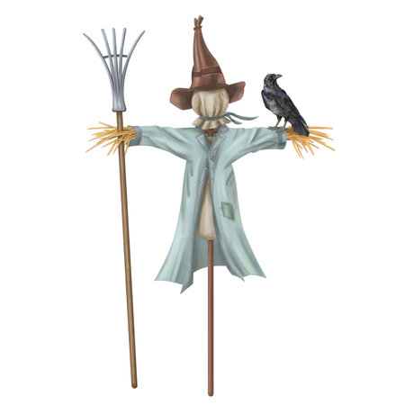 A scarecrow in a blue raincoat and hat with a pitchfork and a black raven. Autumn festivals, rustic-style celebrations. Halloween decoration. Farm work, harvesting in fields. Isolated illustrations.の写真素材