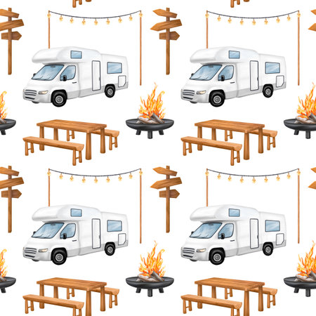 Seamless pattern with campground, wooden picnic table, white motorhome and campfire in forest among the cozy lamps. A tourist trip to nature, parks and nature reserves. Isolated illustration.の写真素材