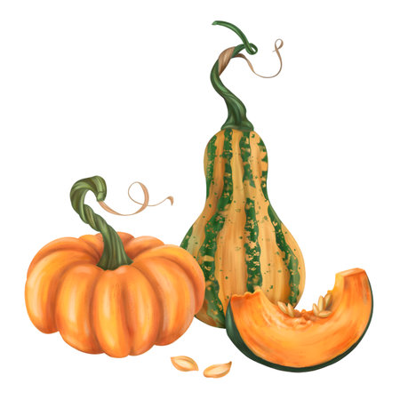 Fall composition of ripe pumpkin. Orange, green, yellow, slice elements. Fresh farm vegetables, healthy food. Garden plants, agriculture. Isolated illustration. Element of design printing, packaging.の写真素材