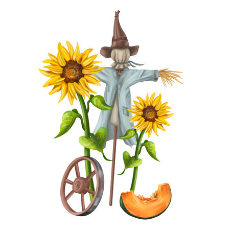Autumn garden composition with a scarecrow and a harvest of seasonal vegetables. Pumpkins, sunflowers. Decor for Halloween, fall holidays, festivals for posters and postcards. Isolated illustration.の写真素材