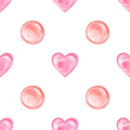 Seamless pattern with bright berry lollipops in the shape of a heart and a circle. Decorations for parties and holidays, background. Hand-drawn illustrations.の写真素材
