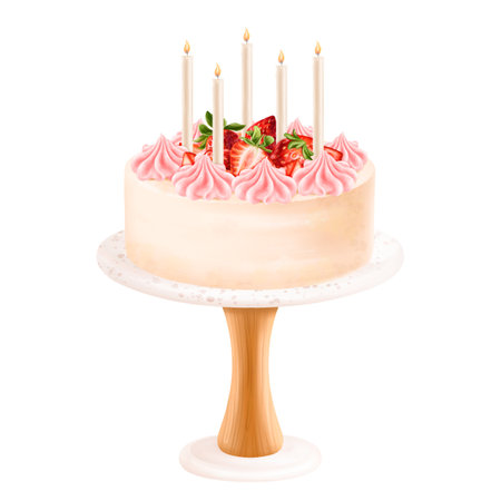 Homemade sponge cake standing on a dessert stand decorated with cream flowers, strawberries. A festive cupcake, pastry from bakery. For menu, invitation, package. Digital isolated illustration.の写真素材