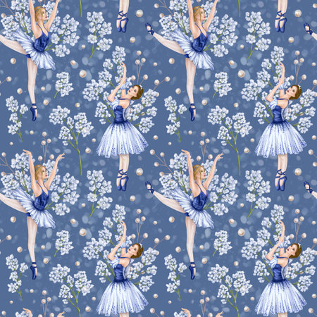 Seamless pattern with a dancing ballerina girl decorated with gypsophila. Theatrical performance of an elegant gymnast in a blue tutu and pointe shoes. Digital isolated illustration.の写真素材