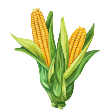 Autumn harvest of yellow corn. Fresh farm vegetables, healthy food, vegetarianism. Garden plants and agriculture. Isolated digital handmade illustration. An element of design of printing, packaging.の写真素材