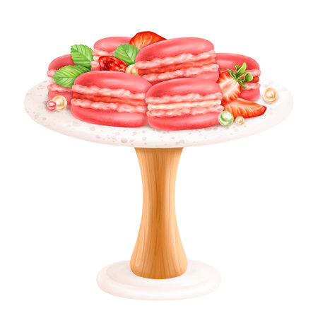 Homemade macaroons standing on a dessert stand decorated with strawberries and leaves. A festive cupcakes, cakes, pastry from bakery. For menu, invitation, package. Digital isolated illustration.の写真素材