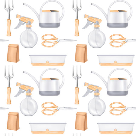 A seamless pattern of garden tools rakes, watering cans, pots and scissors. Tools for a florist to work with plants and soil in greenhouses. Harvesting on the farm. Digital isolated illustration.の写真素材