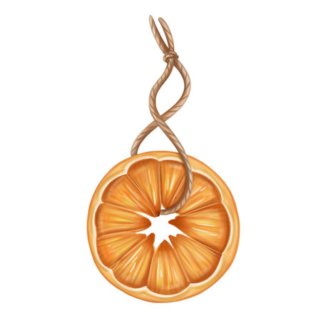 A Christmas tree toy made of dried orange on a string, an organic decoration for home and winter holidays. A handmade gift from organic materials. Sustainable new year and xmas. Isolated illustration.の写真素材