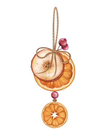 Dried orange slice, apple, cranberry. Eco-friendly Christmas tree toys. Hand drawn handmade decorations of eco-friendly material. Sustainable xmas tree. Xmas greeting design. Isolated illustration.の写真素材