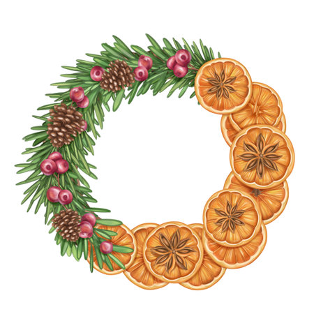 Christmas wreath of oranges, cinnamon, cranberries, cones. Handmade eco Christmas toy, winter organic decor, seasonal handmade garland. Sustainable Xmas, zero waste celebration. Isolated illustration.の写真素材