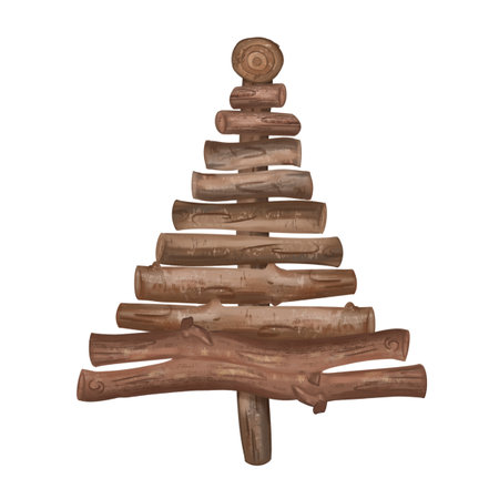 Eco-Friendly and Green Christmas tree from wooden boards. Sustainable xmas tree isolated illustration. Cozy and rustic winter hand made decorations made of eco-friendly materials in minimalist style.の写真素材