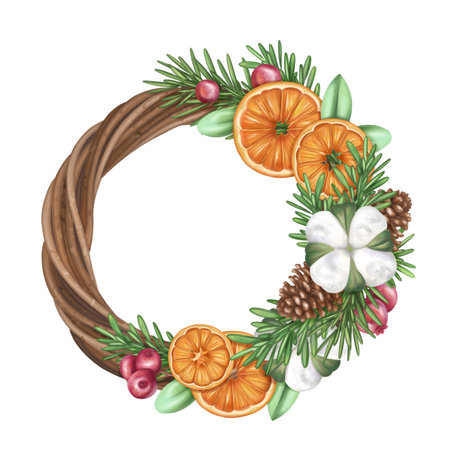 Christmas wreath of oranges, fir tree, cinnamon, cranberries, cone. Sustainable Xmas, zero waste celebration. Eco Christmas toy, winter organic decor, seasonal handmade garland. Isolated illustration.の写真素材
