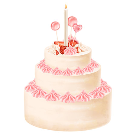 Homemade sponge cake decorated with cream flowers, whipped cream, strawberry slices, pink lollipops, candles. A festive cupcake from bakery. For menus, invitations, packages. Isolated illustration.の写真素材