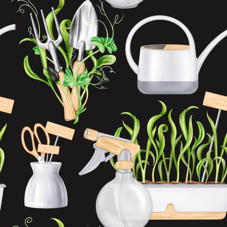 A seamless pattern of garden tools for a florist to work with plants and soil in greenhouses. Seedlings with microgreens for healthy nutrition. Care of indoor plants. Digital isolated illustration.の写真素材