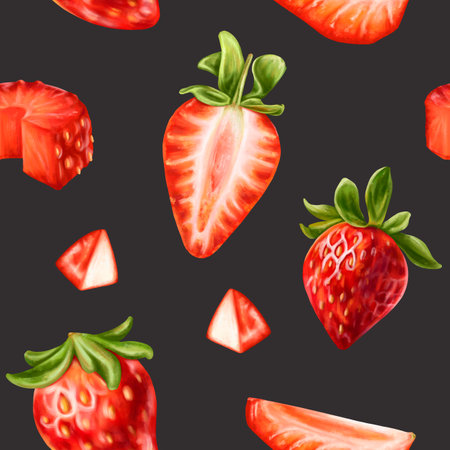 Seamless pattern with bright berries and strawberry slices. Sweet healthy dessert, cooking ingredients. Decorations for a festive table, a summer party. Hand-drawn illustrations, background.の写真素材