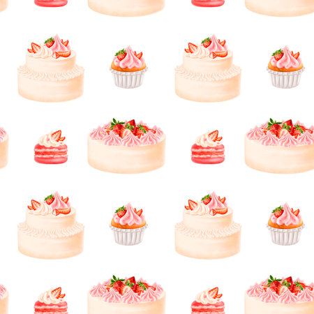Seamless pattern with berry confectionery. Cake, cheesecake, cupcake, macaroon decorated with juicy strawberries, cream, cream. Decorations for parties and holidays, background. Hand drawing.の写真素材