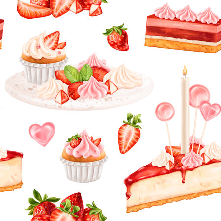 Seamless pattern with berry confectionery. Cake, cheesecake, cupcake, macaroon decorated with juicy strawberries, cream, cream, lollipops. Decorations for parties, holidays. Hand drawing backgroundの写真素材