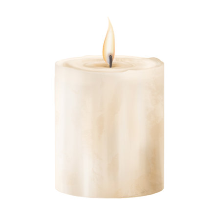 Beige round thick candle made of soy wax with an orange flame. Cozy handmade decor from recyclable materials, eco toy for a Christmas tree. Design of house parties and holidays. Isolated illustration.の写真素材