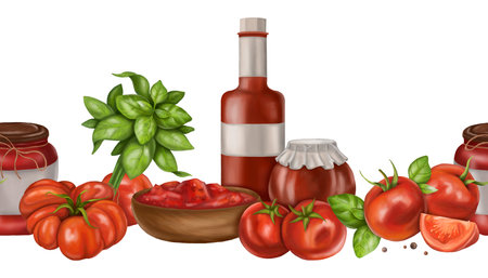 Red ripe tomatoes, fresh basil. Seamless horizontal border for long patterns design. Healthy food, sustainable gardening, eco lifestyle. Vegetable farm sauces, fruits, greens. Isolated illustration.の写真素材