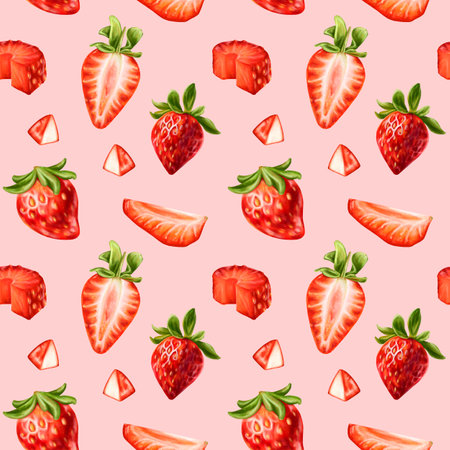 Seamless pattern with bright berries and strawberry slices. Sweet healthy dessert, cooking ingredients. Decorations for a festive table, a summer party. Hand-drawn illustrations, background.の写真素材