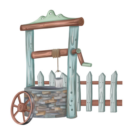 A well with water near fence. Rural landscape, farmland, ranch work, rustic lifestyle, agricultural industry. Decor for traditional country houses. Garden and greenhouse equipment. Isolated illustration.の写真素材
