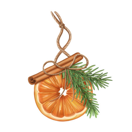 Dried orange, cinnamon, fir tree eco-friendly Christmas tree toys. Hand drawn winter handmade decorations from recyclable material. Sustainable xmas tree. Xmas greeting design. Isolated illustration.の写真素材
