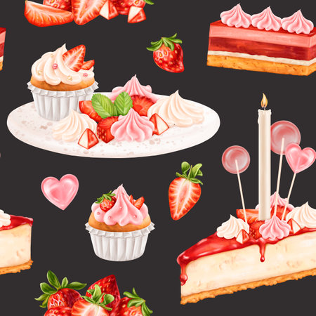 Seamless pattern with berry confectionery. Cake, cheesecake, cupcake, macaroon decorated with juicy strawberries, cream, cream, lollipops. Decorations for parties, holidays. Hand drawing backgroundの写真素材