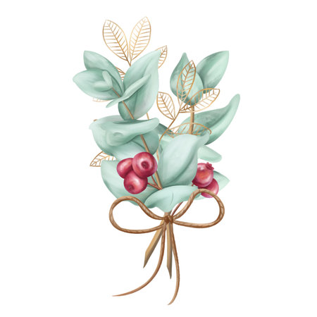 A bouquet of eucalyptus twigs, cranberry berries, golden leaves. Festive seasonal winter decor made of organic renewable materials. Sustainable Christmas, Easter, holidays. Isolated illustration.の写真素材