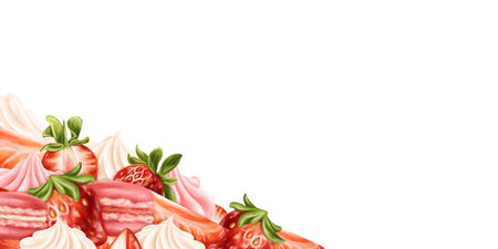 A border of whipped cream, strawberry slices and macaroons. Berry pink decor for birthday parties, wedding. Topping for cakes, cupcakes, ice cream. Confectionery sweets. Isolated illustration, frame.の写真素材