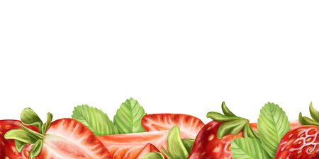 A border of juicy red strawberries and leaves. Berry decor for summer holiday parties, sweet desserts. Garden organic harvest. Topping for cakes, ice cream, pies, cocktails. Isolated illustration, frame.の写真素材