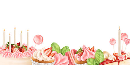 A border of strawberry, cake, cupcakes, cheesecake, with candles. Berry pink decor for holiday parties, wedding. Sweet birthdays desserts, pies. Confectionery sweets. Isolated illustration, frame.の写真素材