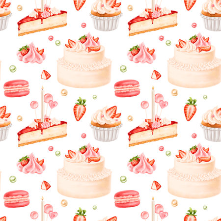 Seamless pattern with berry confectionery. Cake, cheesecake, cupcake, macaroon decorated with juicy strawberries, cream, cream, lollipops. Decorations for parties holidays. Hand drawing, background.の写真素材