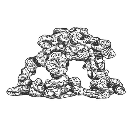 A large underwater rock mountain with seaweed and coral reef. Tropical underwater element of the natural world, compositions, prints. Hand drawn textured sketch in black and white on isolated background.のイラスト素材
