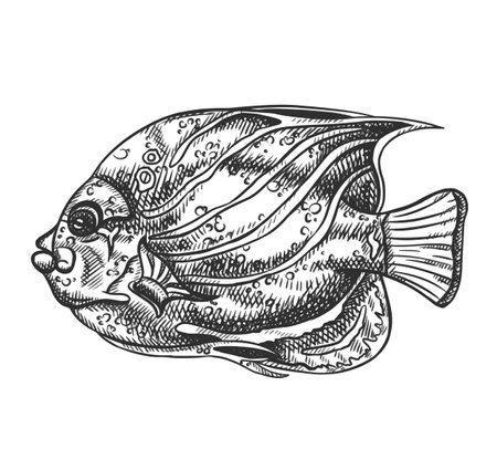 Vector illustration of sea fish. A tropical underwater animal. Tropical element of the natural world. For postcards, prints. Hand drawn textured sketch in black and white on isolated background.のイラスト素材