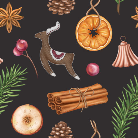 Seamless retro pattern with oranges, cones, cinnamon, spruce twigs, toys. Christmas Sustainable xmas. Organic winter decorations, recyclable material for parties, holidays. Hand drawing, backgroundの写真素材