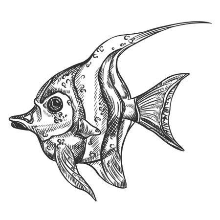Vector illustration of Moorish idol sea fish. A tropical underwater animal. Tropical element of the natural world. For postcards, prints. Hand drawn textured sketch in black white on isolated background.のイラスト素材
