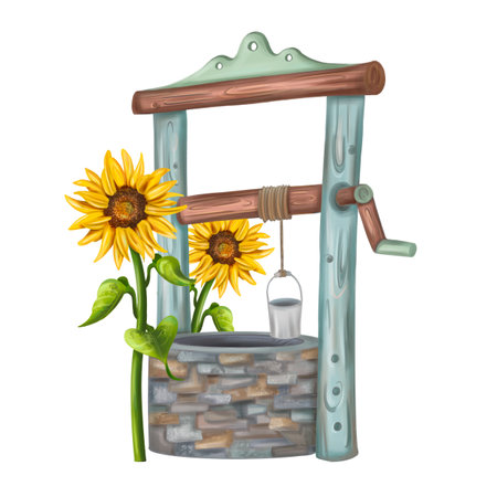 A well with water and sunflowers. Rural landscape, farmland, ranch work, rustic lifestyle. Decor for traditional country houses. Garden and greenhouse equipment. Isolated illustration.の写真素材