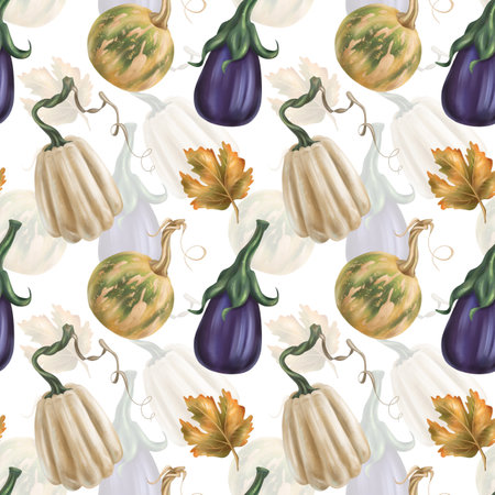 Seamless autumn harvest pattern with pumpkins, eggplant, maple leaves. Farm organic products, healthy vegetables, gardening, greens crop. Hand drawing background for wrapping paper, textiles, design.の写真素材