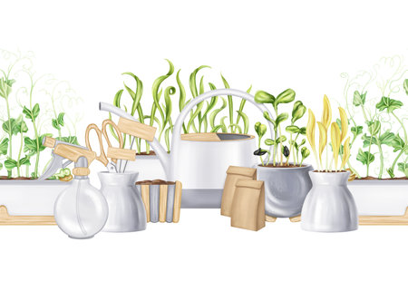 Seamless composition of tools watering can, rake, shovel, sprayer, seeds, boxes of greens. Garden equipment. Agriculture, cultivation of plants and flowers. Frames for decoration, boards for design.の写真素材