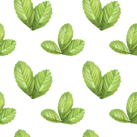 Seamless pattern with green leaves. A garden forest green plant. Berry twig for decorating dishes. Digital isolated illustration.の写真素材