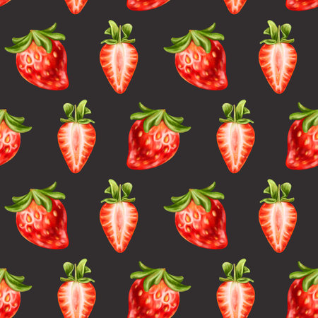 Seamless pattern with bright berries and strawberry slices. Sweet healthy dessert, cooking ingredients. Decorations for a festive table, a summer party. Hand-drawn illustrations, background.の写真素材