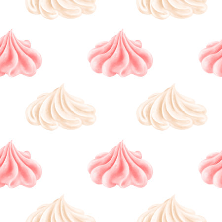 Seamless pattern with pink sweet strawberry cream in the shape of a rose. A delicious meringue dessert. Decor for cakes and pies for holidays and parties. Hand-drawn illustrations, background.の写真素材