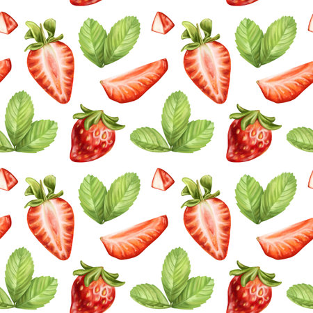 Seamless pattern with bright berries, strawberry slices and leaves. Sweet healthy dessert, cooking ingredients. Decorations for a festive table, a summer party. Hand-drawn illustrations, background.の写真素材