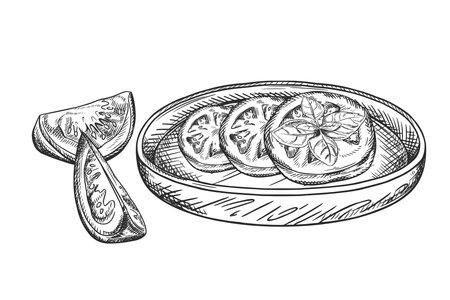 Vector illustration of tomato slice on wooden plate. Organic fresh vegetables, healthy harvest. Ingredients, farming products. Hand drawn, line art style painted by black ink on isolated background.のイラスト素材