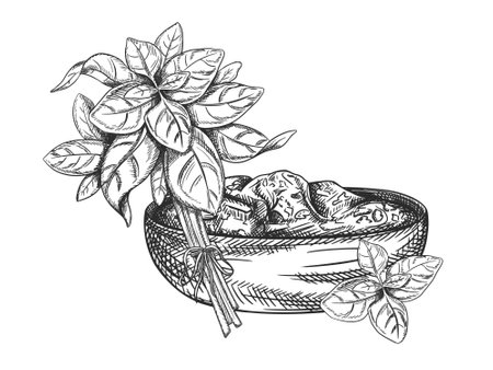 Vector illustration of basil bunch and leaf, wooden dish with sauce. Organic fresh vegetables, healthy harvest. Ingredients, farming products. Hand drawn, line art by black ink on isolated background.のイラスト素材