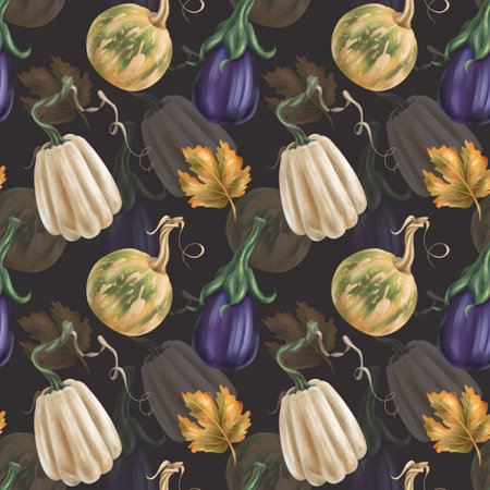 Seamless autumn harvest pattern with pumpkins, eggplant, maple leaves. Farm organic products, healthy vegetables, gardening, greens crop. Hand drawing background for wrapping paper, textiles, design.の写真素材