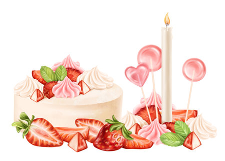 A composition of cake, cupcakes, strawberry slices, marshmallows, meringue and lollipops. Berry confectionery sweets. Festive food for parties, table decoration. Digital isolated illustration.の写真素材