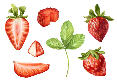 Set of piece red strawberry and green twig. Ripe berry for snacks, culinary dishes, milkshakes, cocktails, ice cream, jam. A natural dessert from a farmer's harvest. Isolated digital illustration.の写真素材